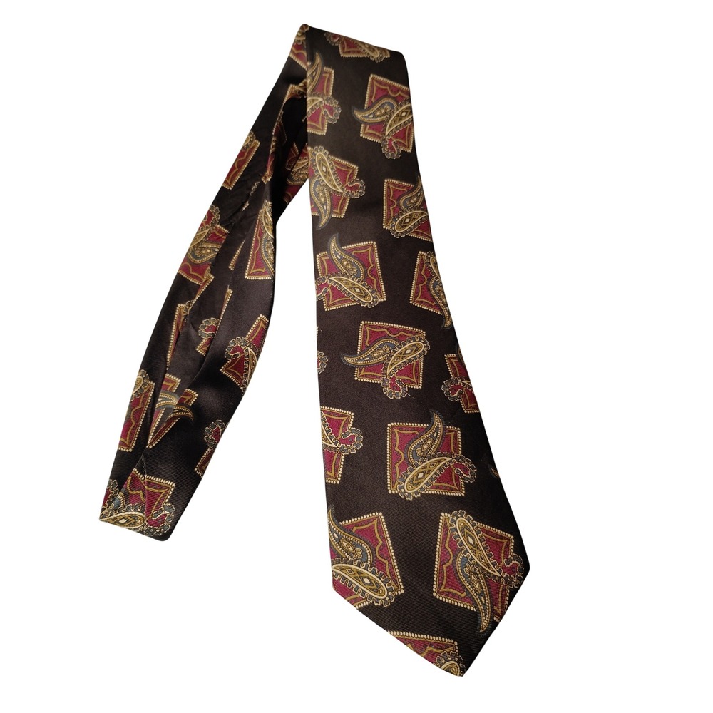 Stafford Mens Silk Tie Brown Paisley Geometric Italian Fabric Made in USA